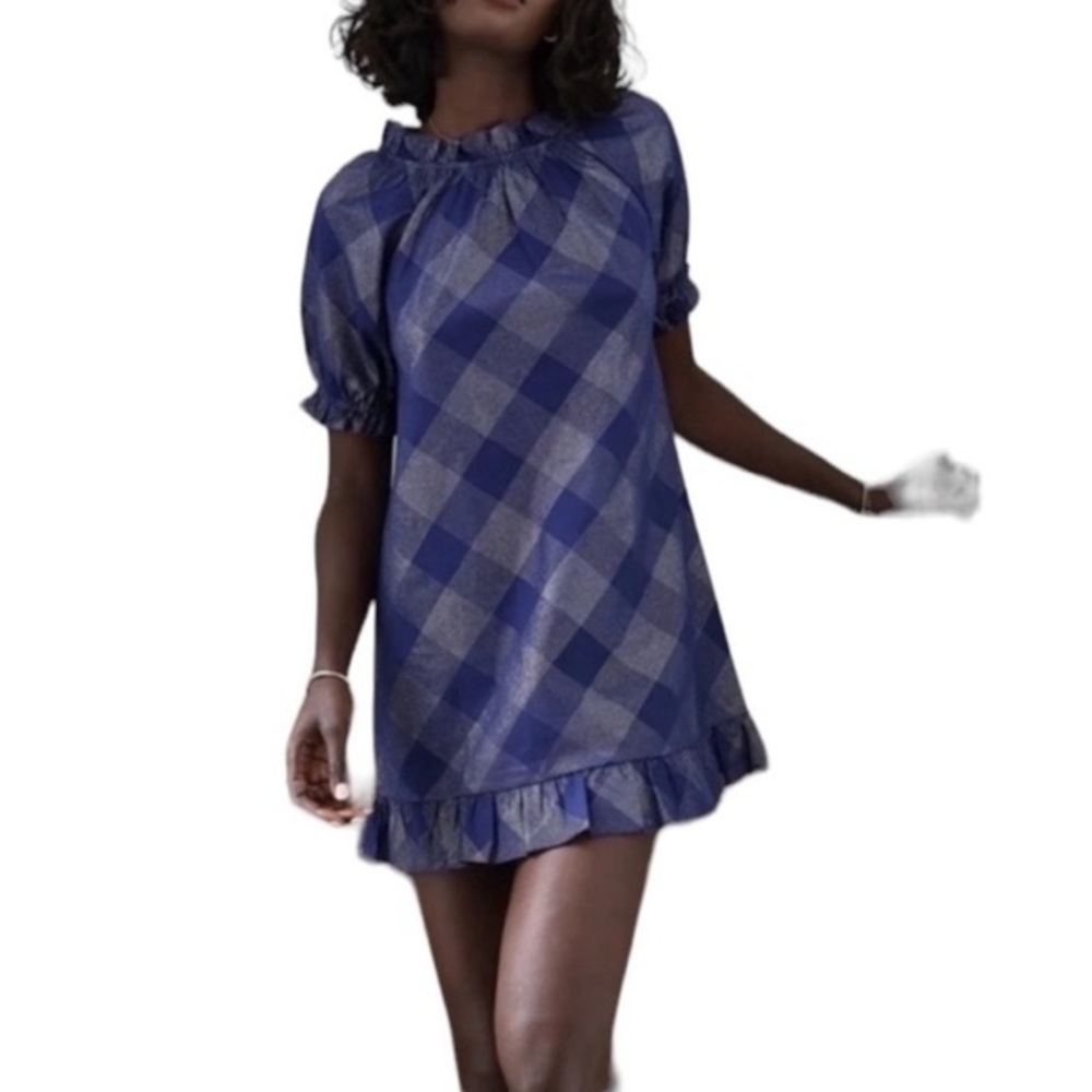 HILL HOUSE KATHERINE NAP CHECK BLUE SHORT SLEEVE METALLIC THREAD TUNIC DRESS